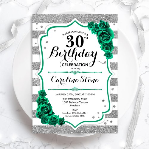 Green Silver White Floral 30th Birthday Invitation