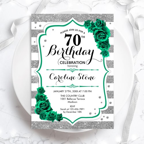 Green Silver White Stripes Roses 70th Birthday Invitation