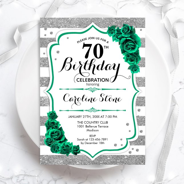 Green Silver White Stripes Roses 70th Birthday Invitation (Creator Uploaded)