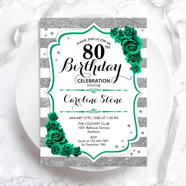 Green Silver White Stripes Roses 80th Birthday Invitation (Creator Uploaded)