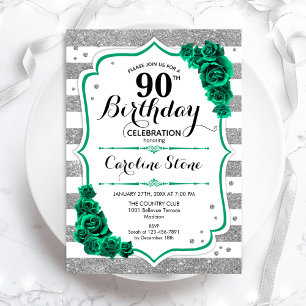 Green Silver White Stripes Roses 90th Birthday Invitation