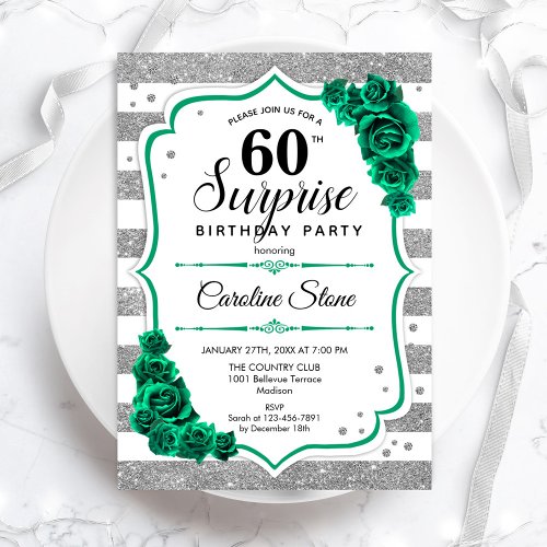 Green Silver White Surprise 60th Birthday Invitation