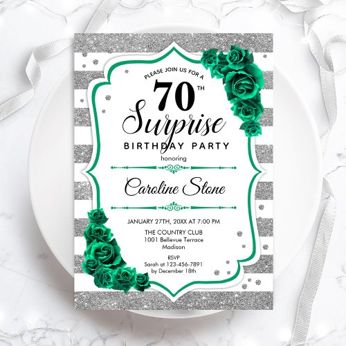 Green Silver White Surprise 70th Birthday Invitation