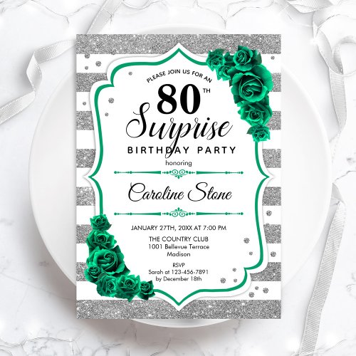 Green Silver White Surprise 80th Birthday Invitation