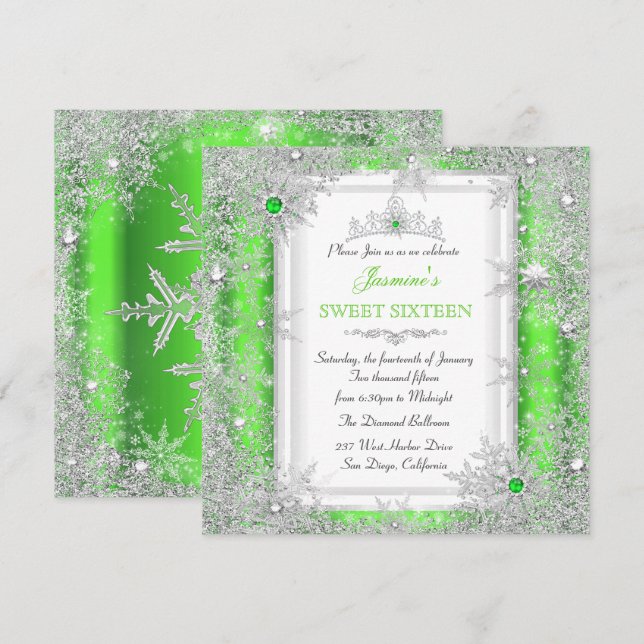 Green Silver Winter Wonderland Sweet 16 Snowflake Invitation (Front/Back)