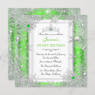 Green Silver Winter Wonderland Sweet 16 Snowflake Invitation