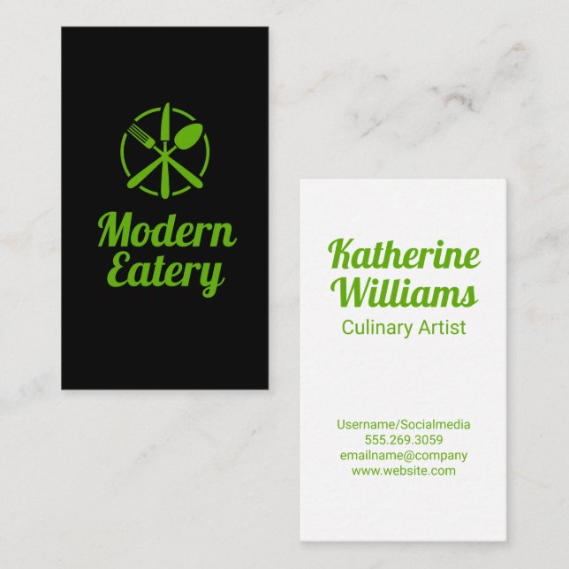 Green Silverware Modern Restaurant Logo Business Card (Front/Back)