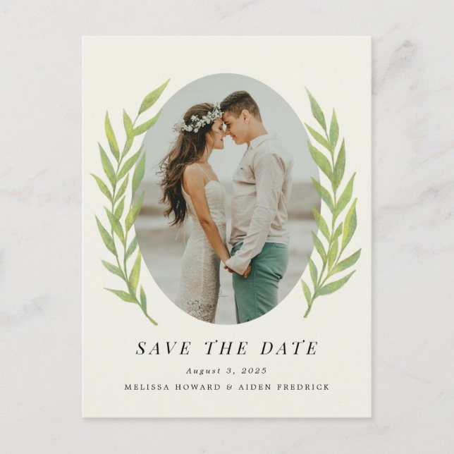 Green Simple Branch Engagement Photo Save the Date Postcard (Front)