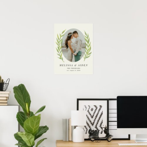 Green Simple Branch Oval Wedding Photo Established Poster