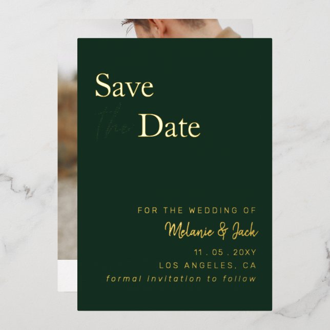 Green Simple Calligraphy Photo Save The Date  Foil Invitation (Front/Back)