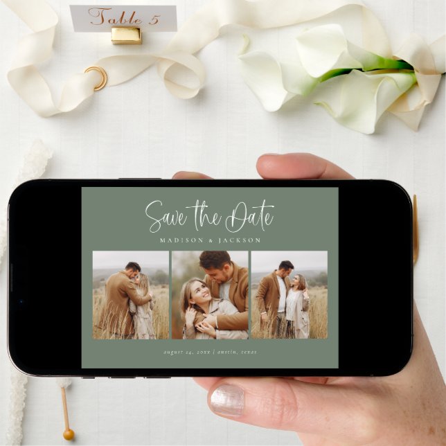 Green Simple Calligraphy Script Four Photo Save The Date (Front Digital)