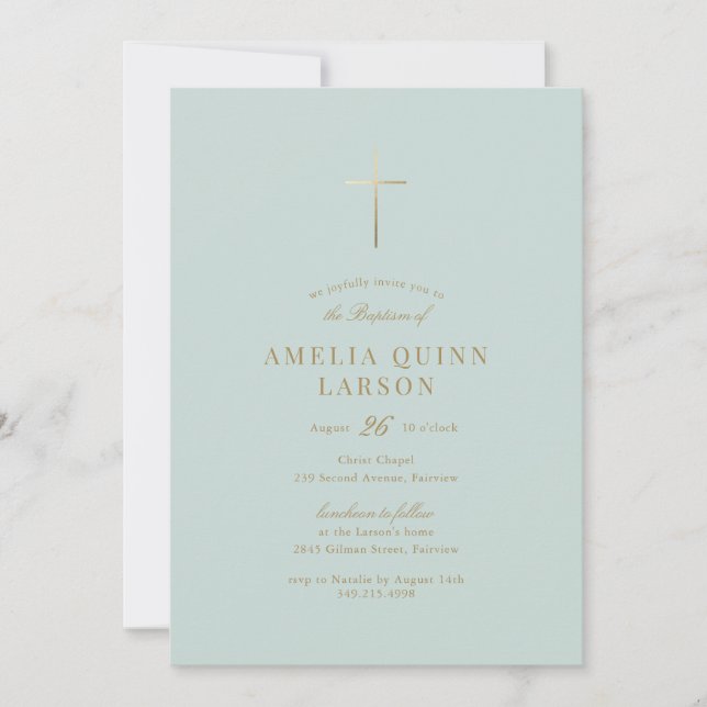 Green Simple Elegant Gold Cross Baptism Invitation (Front)
