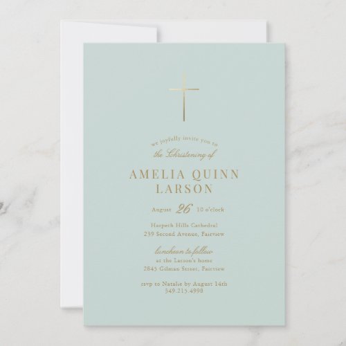 Green Simple Elegant Gold Cross Christening Invitation