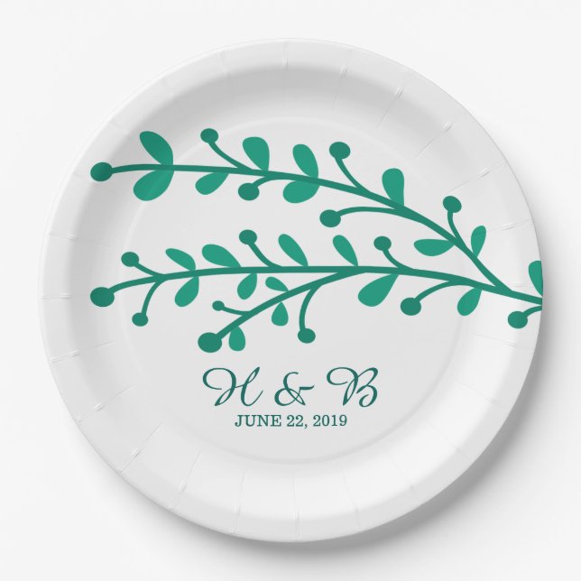 Green Simple Foliage Wedding Paper Plates (Front)