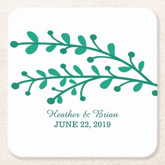 Green Simple Foliage Wedding Square Paper Coaster (Front)