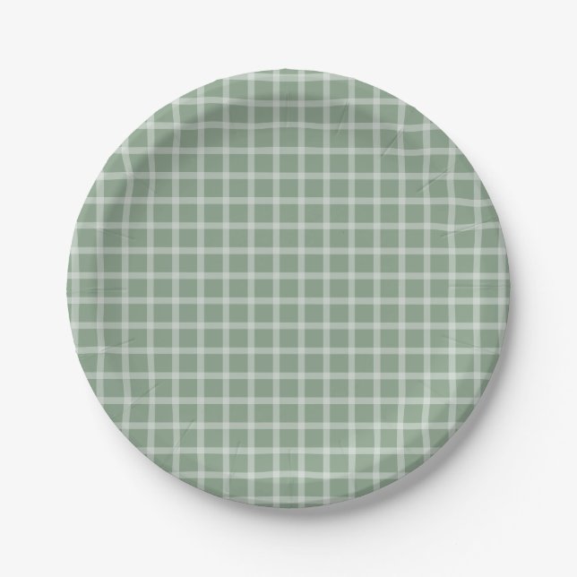 Green Simple Gingham Gender Neutral Baby Shower Paper Plates (Front)