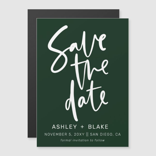 Green Simple Handwritten Calligraphy Save the Date Magnetic Invitation (Front/Back)