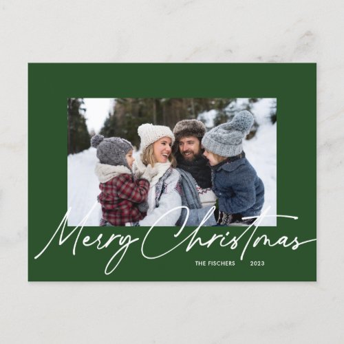Green Simple Merry Christmas Calligraphy Photo Holiday Postcard