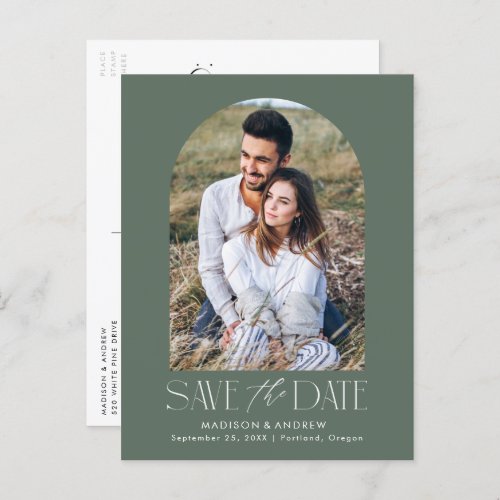 Green  Simple Modern Arch Photo Save the Date Announcement Postcard