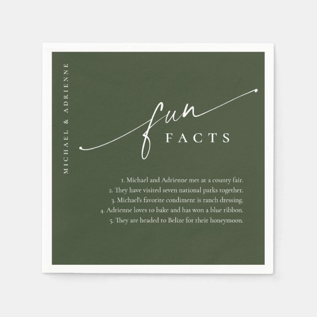 Green Simple Modern Script Fun Facts Wedding Napkins (Front)