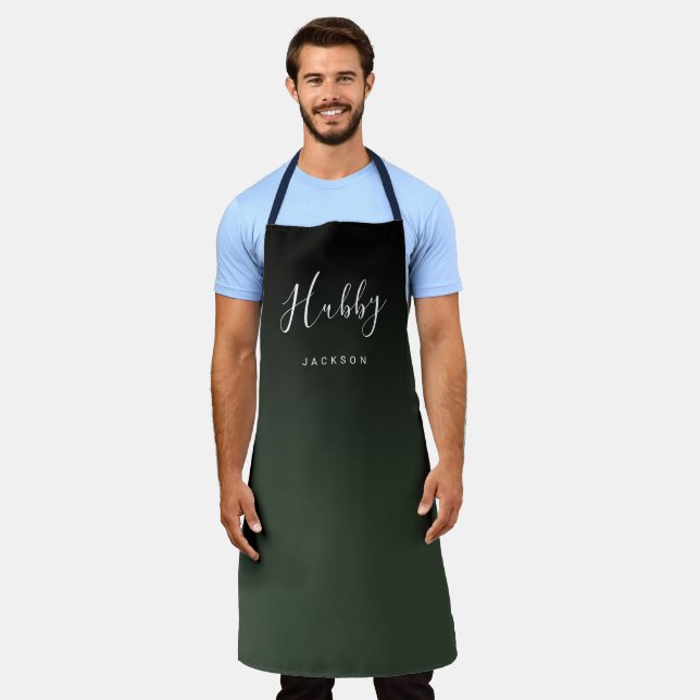 Green simple personalized hubby apron (Worn)