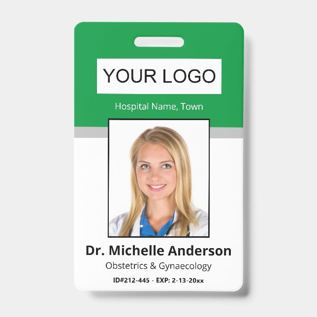 Green Simple Professional Employee Custom Photo Badge (Front)