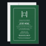 Green Simple Torah Bar Mitzvah Invitation<br><div class="desc">A graphic image of a Torah makes a striking image on this unique Bar Mitzvah invitation. A deep green background offsets a rounded rectangular panel holding customized invitation text. The reverse highlights the Bar Mitzvah's boy's name, date of the event and extra text which can be customized or deleted entirely....</div>