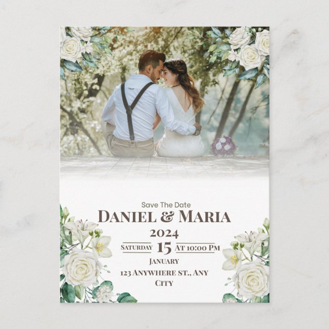 Green Simple with Photo Save The Date Card (Front)