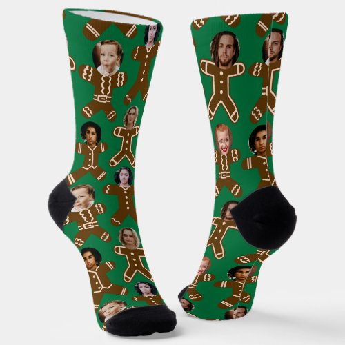 Green Six Face Gingerbread People Holiday Socks