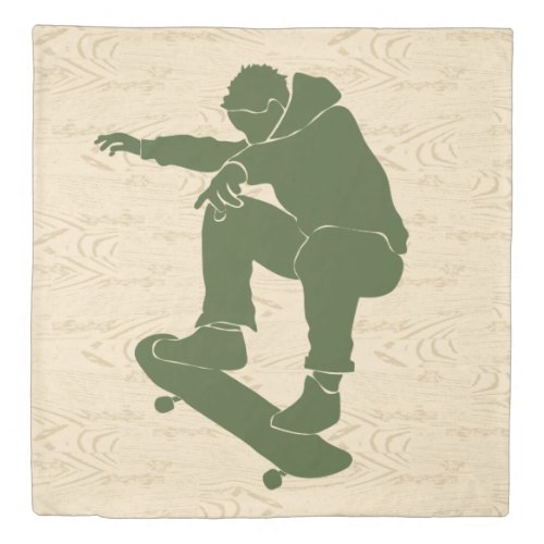 Green Skateboarder Graphic Faux Woodgrain Duvet Cover