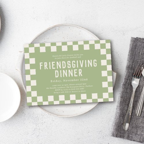 Green Skater Checkerboard Friendsgiving Dinner Invitation