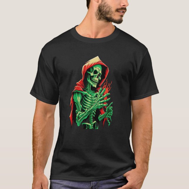 Green Skeleton Gothic and Occult Undead Death Skel T-Shirt (Front)