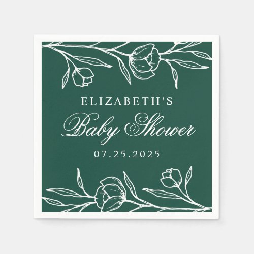 Green Sketched Floral Baby Shower Napkins