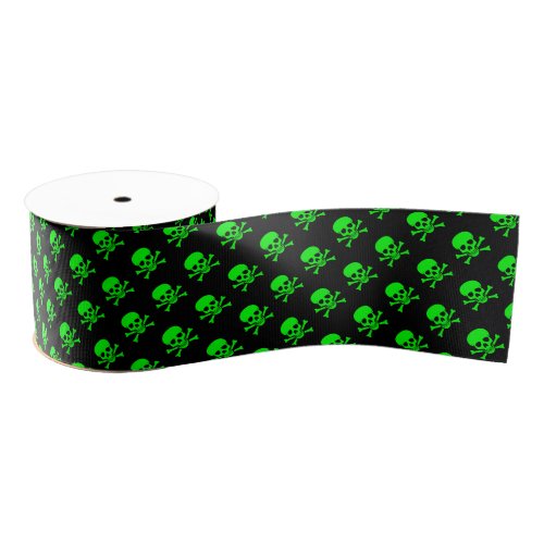 Green Skull and Crossbones Pattern Grosgrain Ribbon