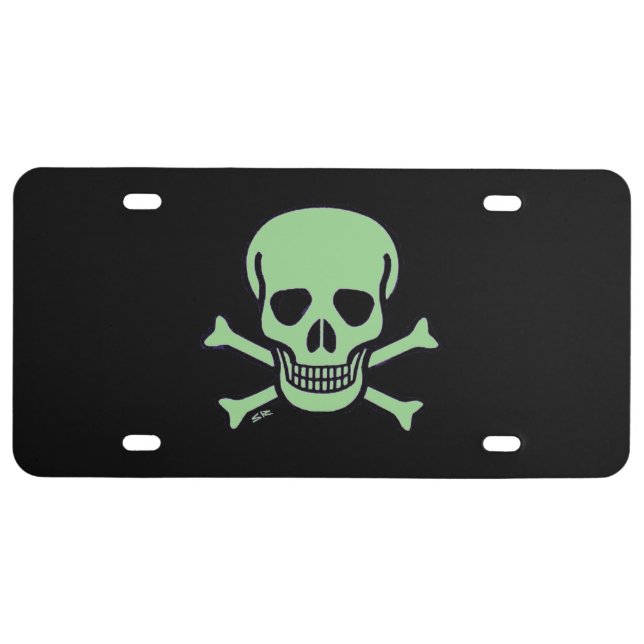 Green Skull black plastic car license plate (Front)