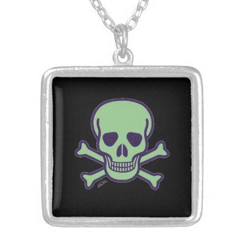 Green Skull black silver plated sq necklace