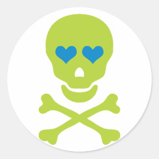 Green Skull Crossbones & Heart Eyes Classic Round Sticker