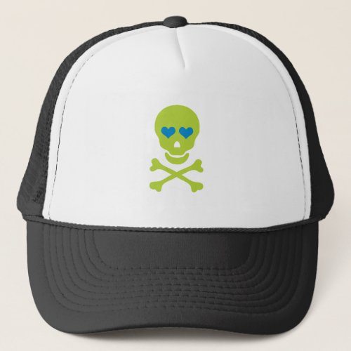 Green Skull Crossbones  Heart Eyes Trucker Hat