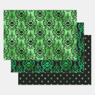 Green Skull Halloween Damask Pattern Wrapping Paper Sheets