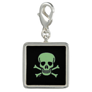 Green Skull silver square charm
