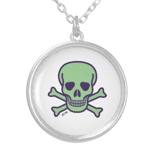 Green Skull white silver plated round necklace