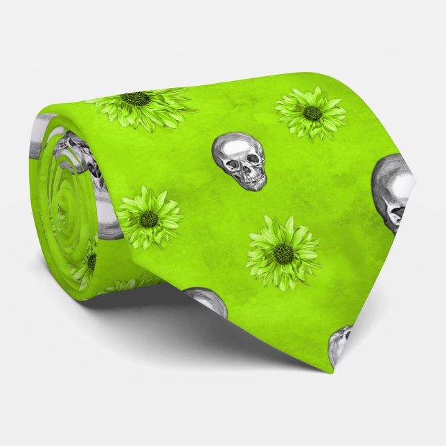 Green Skulls and Sunflower Series Design 1  Neck Tie (Rolled)