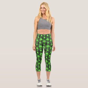 Green Skulls and Sunflower Series Design 2 Capri Leggings
