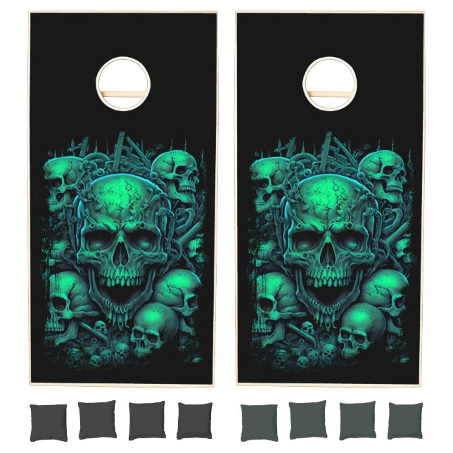 Green Skulls Grouping Gothic Black Scary Cornhole Set (Set)