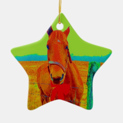 Green sky  red bow Horse  add name Ceramic Ornament