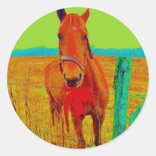 Green sky  red bow Horse  add name Classic Round Sticker