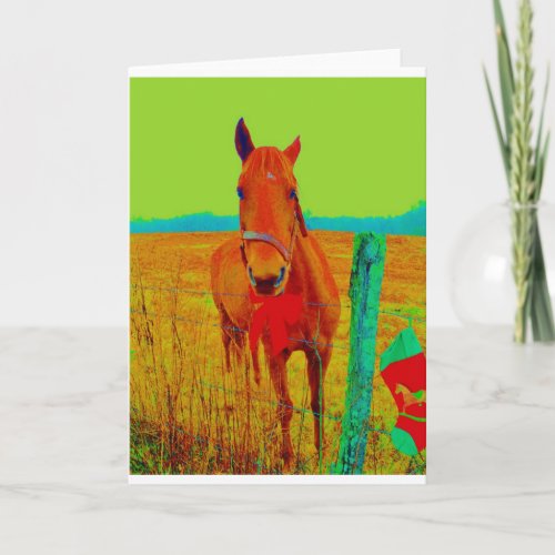 Green sky  red bow Horse  add name Holiday Card