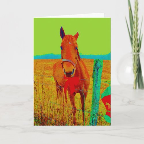 Green sky  red bow Horse  add name Holiday Card