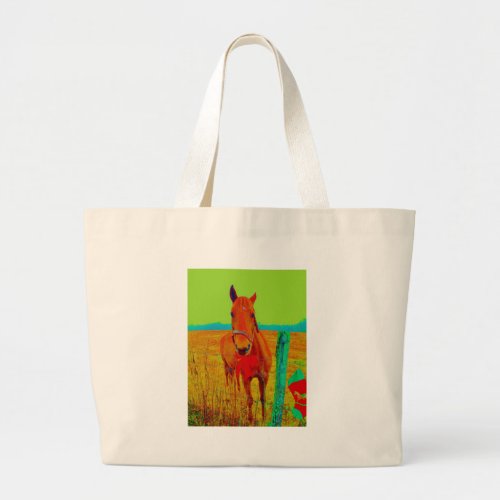 Green sky  red bow Horse  add name Large Tote Bag