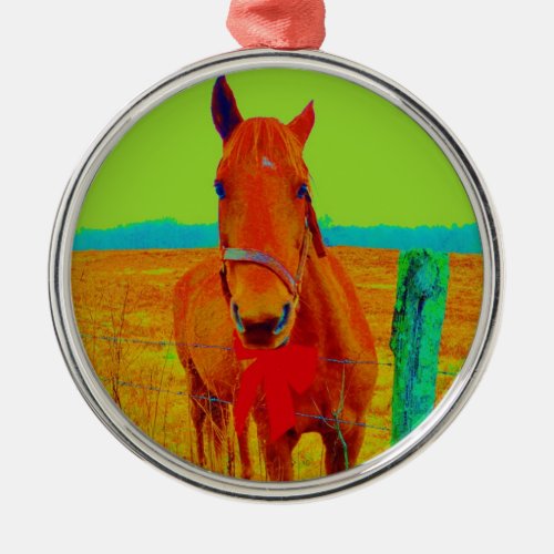Green sky  red bow Horse  add name Metal Ornament